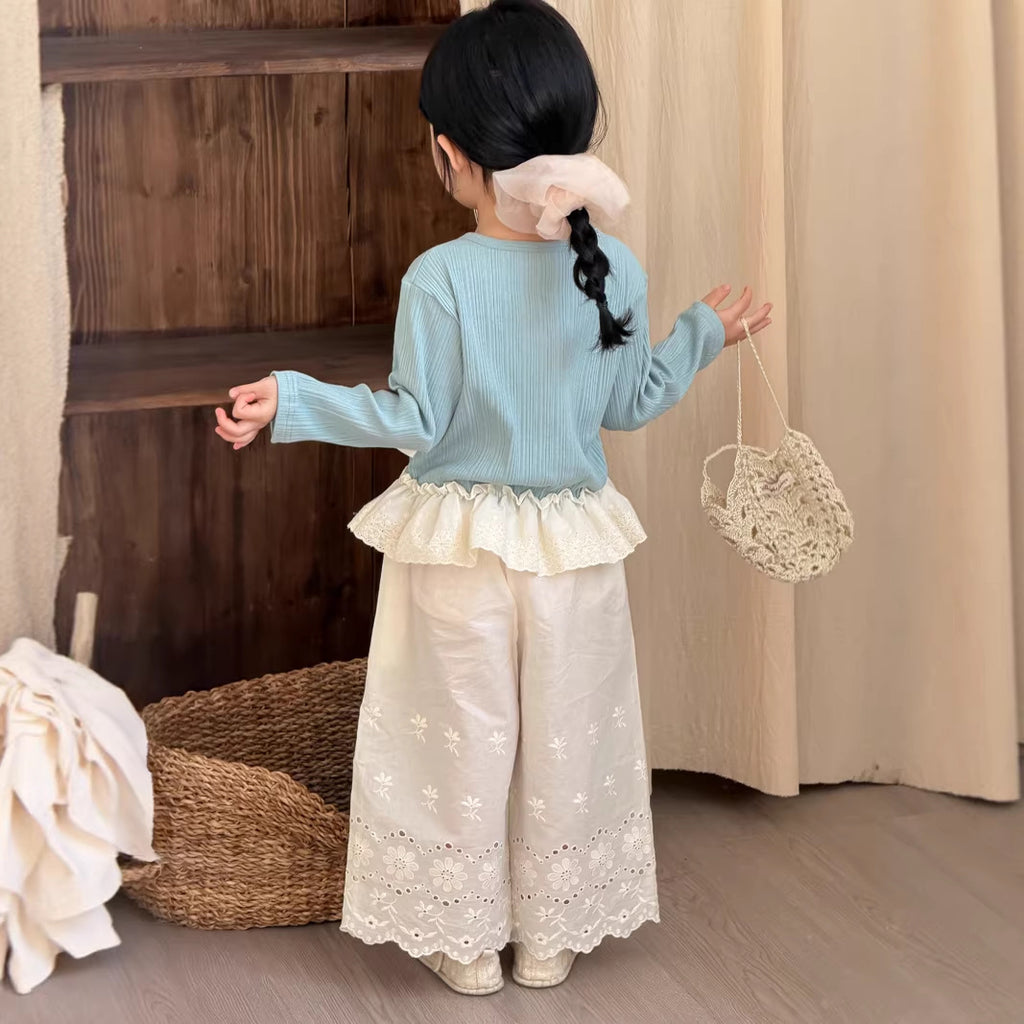 【90-140cm】韓版蕾絲刺繡棉布直筒褲