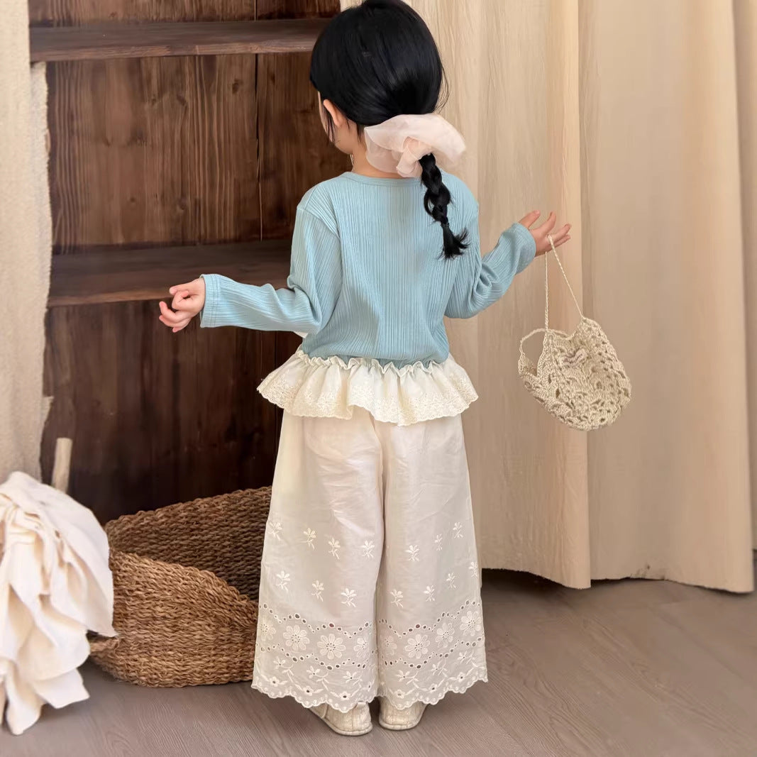 【90-140cm】韓版蕾絲刺繡棉布直筒褲