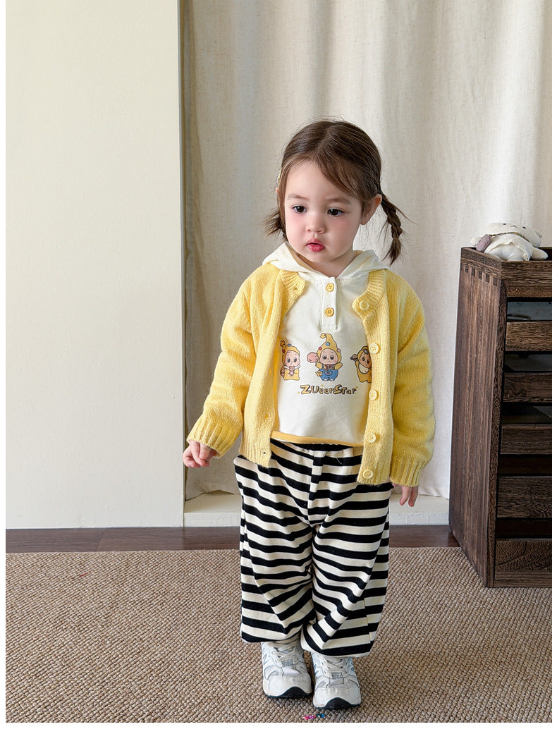 【73-110cm】星星連帽長袖 | 黃色針織開衫 | 條紋束腳褲