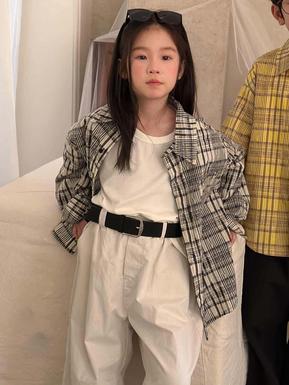 【100-160cm】格紋寬鬆翻領襯衫