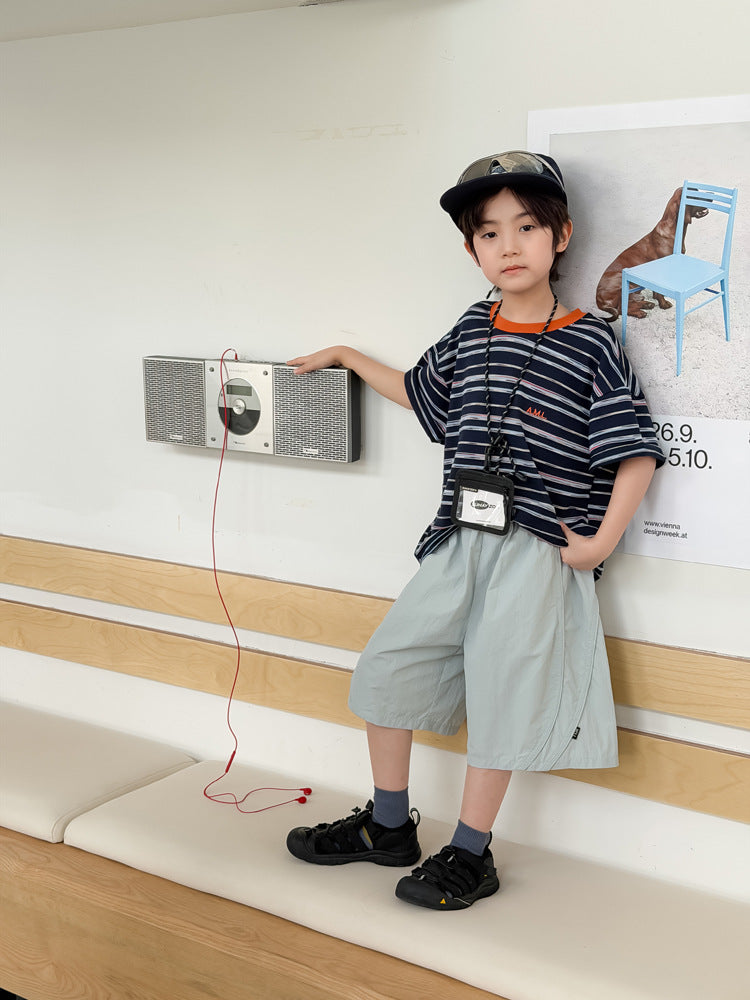 【100-170cm】撞色條紋涼爽短袖