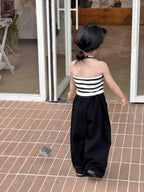 【90-140cm】條紋掛脖背心 | 破洞闊腿褲