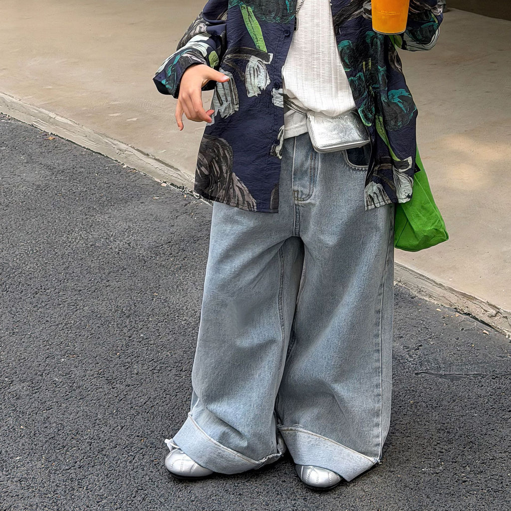 【90-160cm】韓版休閒翻邊水洗軟牛仔褲