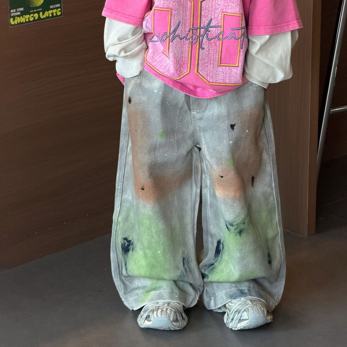 【90-160cm】彩色噴染牛仔闊腿褲