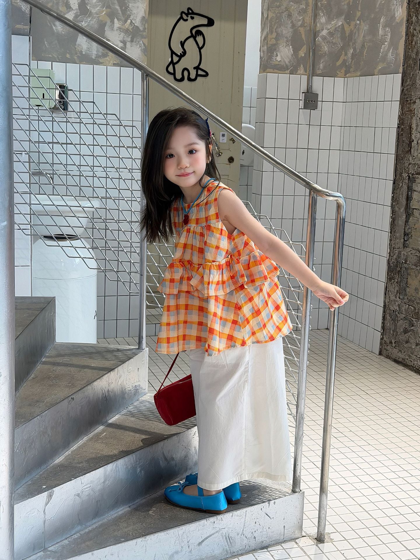 【100-160cm】格子娃娃衫+直筒闊腿褲兩件套裝
