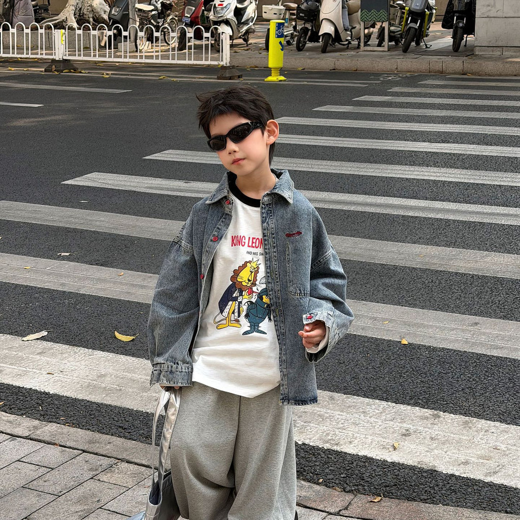 【90-160cm】韓版帥氣休閒寬鬆牛仔襯衫