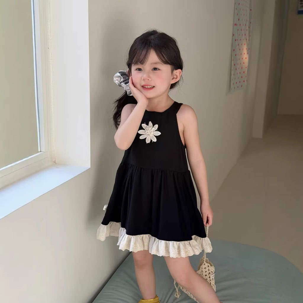 【90-140cm】法式甜美蕾絲掛脖花朵連身裙