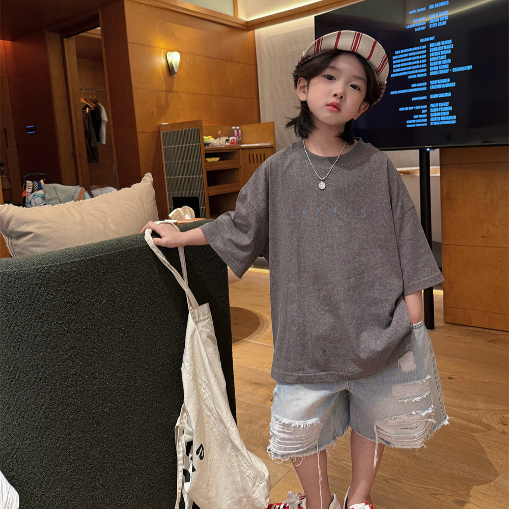 【100-160cm】韓系後背印花休閒寬鬆T