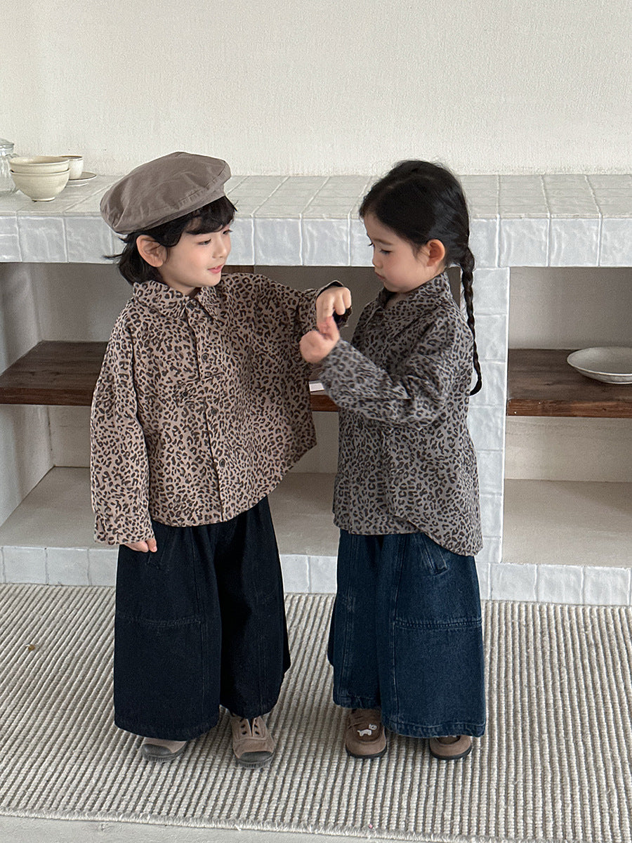 【80-140cm】復古港風豹紋襯衫