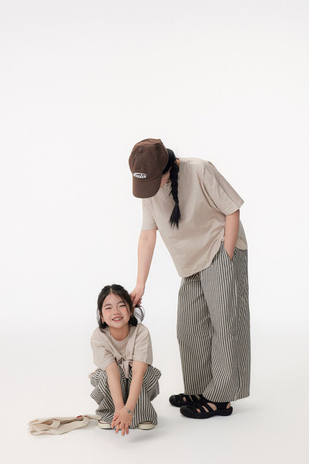 【90-150cm / M.L】【親子裝】日系花苞腰條紋寬褲