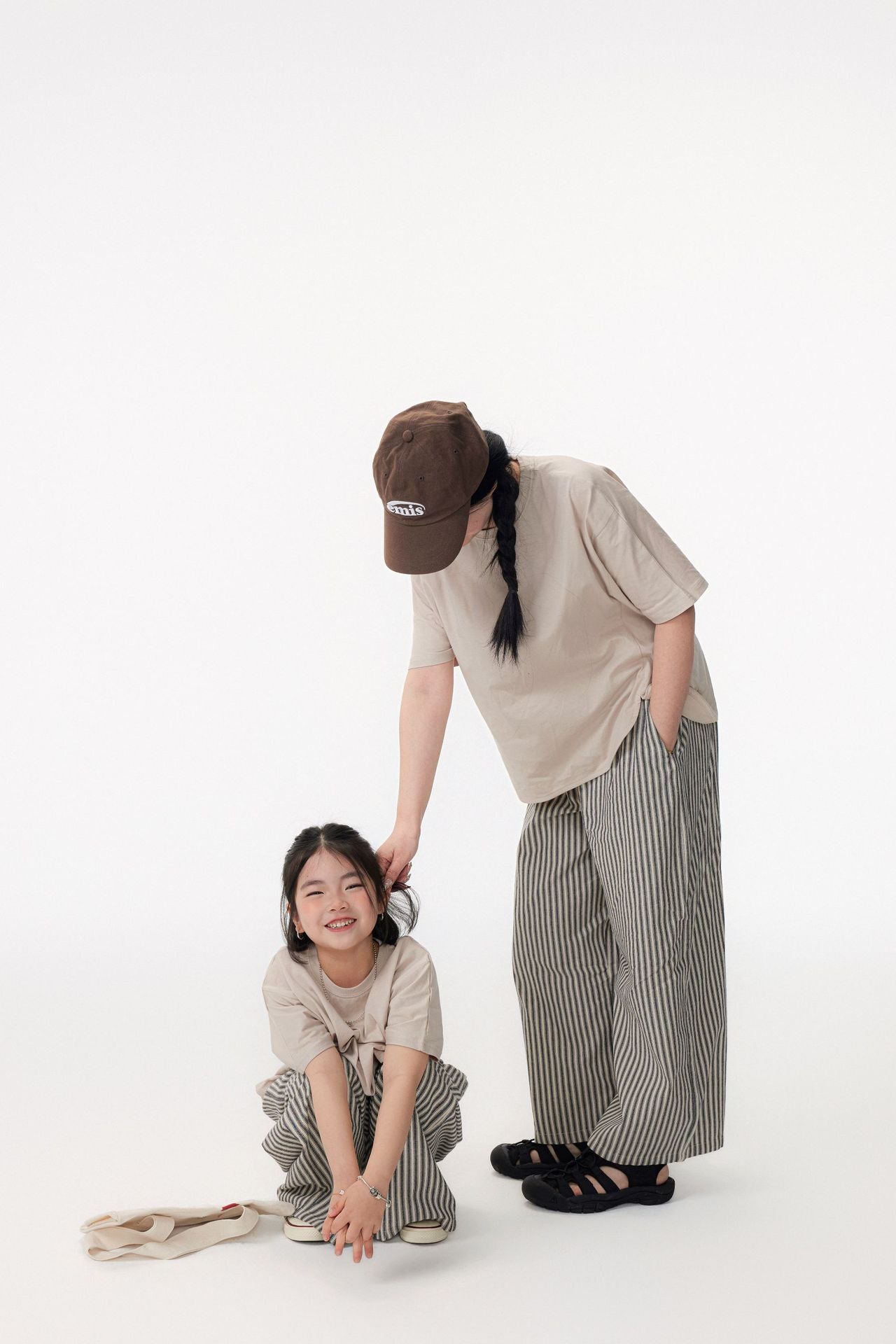 【90-150cm / M.L】【親子裝】日系花苞腰條紋寬褲