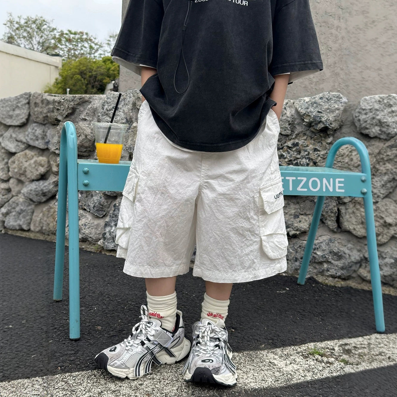 【100-160cm】純棉工裝水洗五分褲