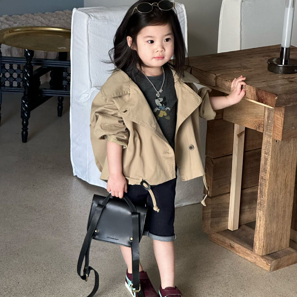 【90-140cm】大翻領短版風衣 |牛仔短褲