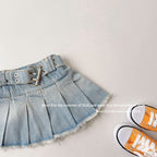 【90-150cm】荷葉邊鬆緊高腰牛仔百褶裙