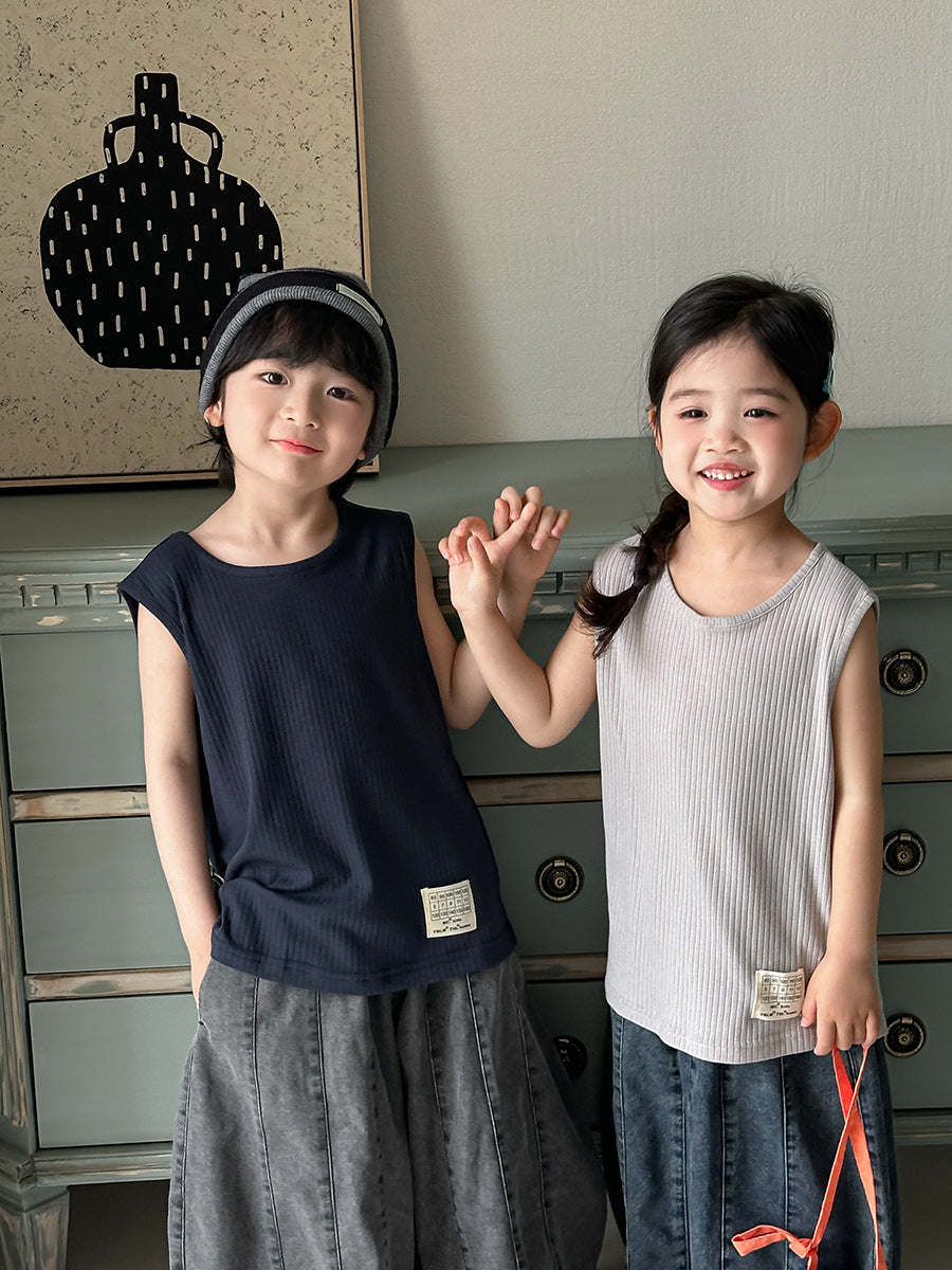 【80-140cm】淨色坑條無袖T
