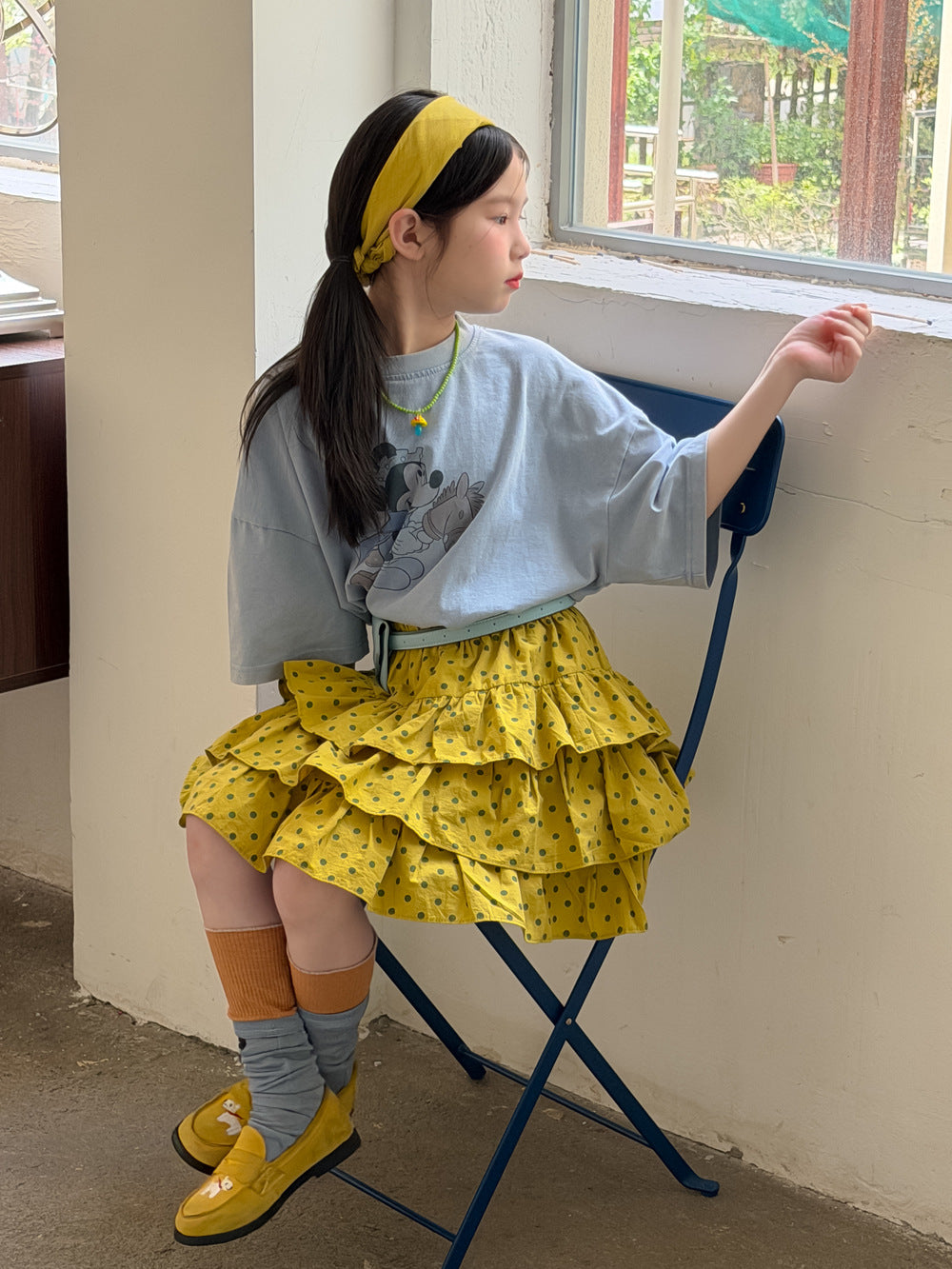 【100-160cm】韓版卡通印花短袖 | 圓點半身裙