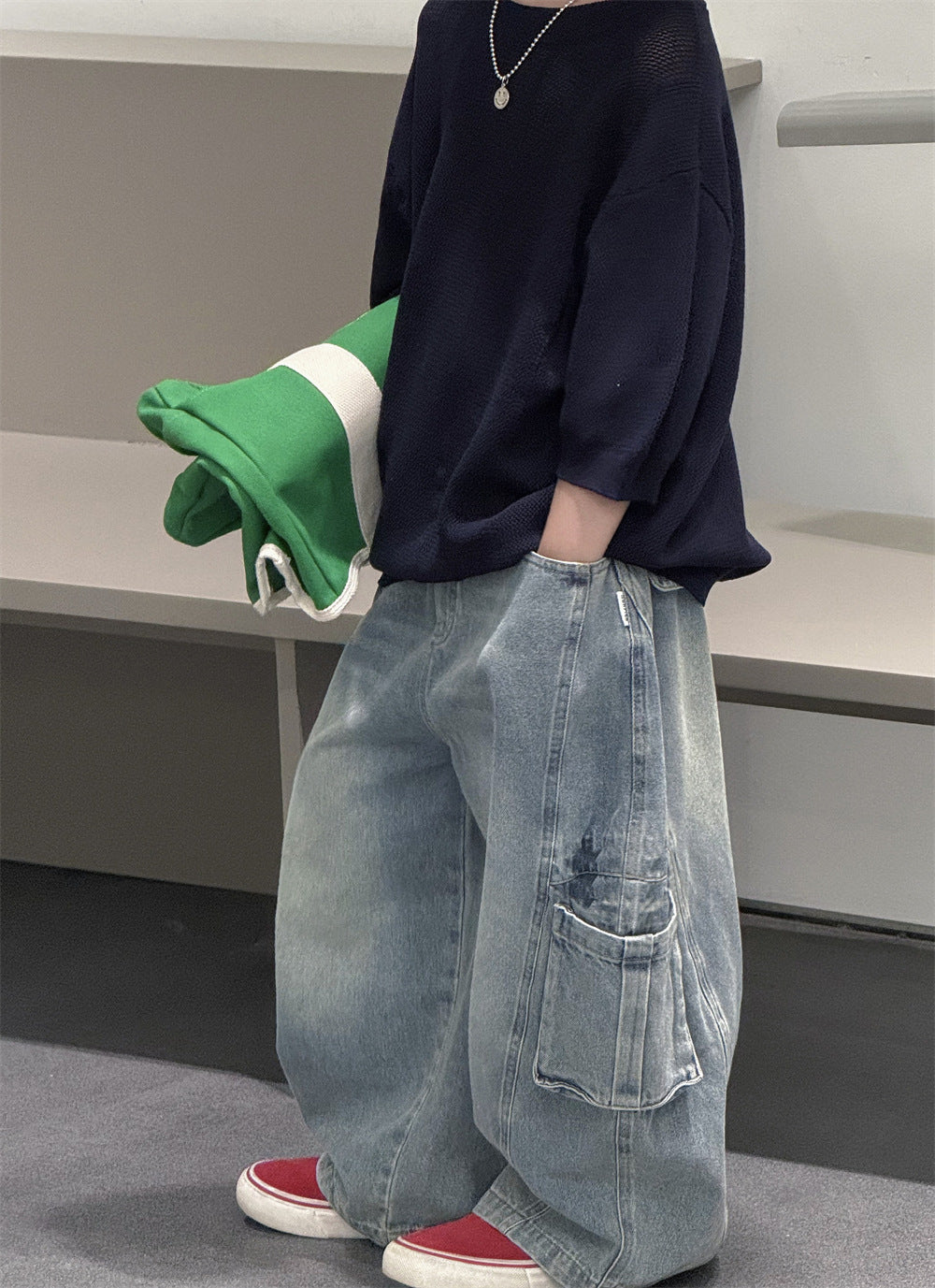 【100-160cm】韓系休閒彎刀牛仔褲