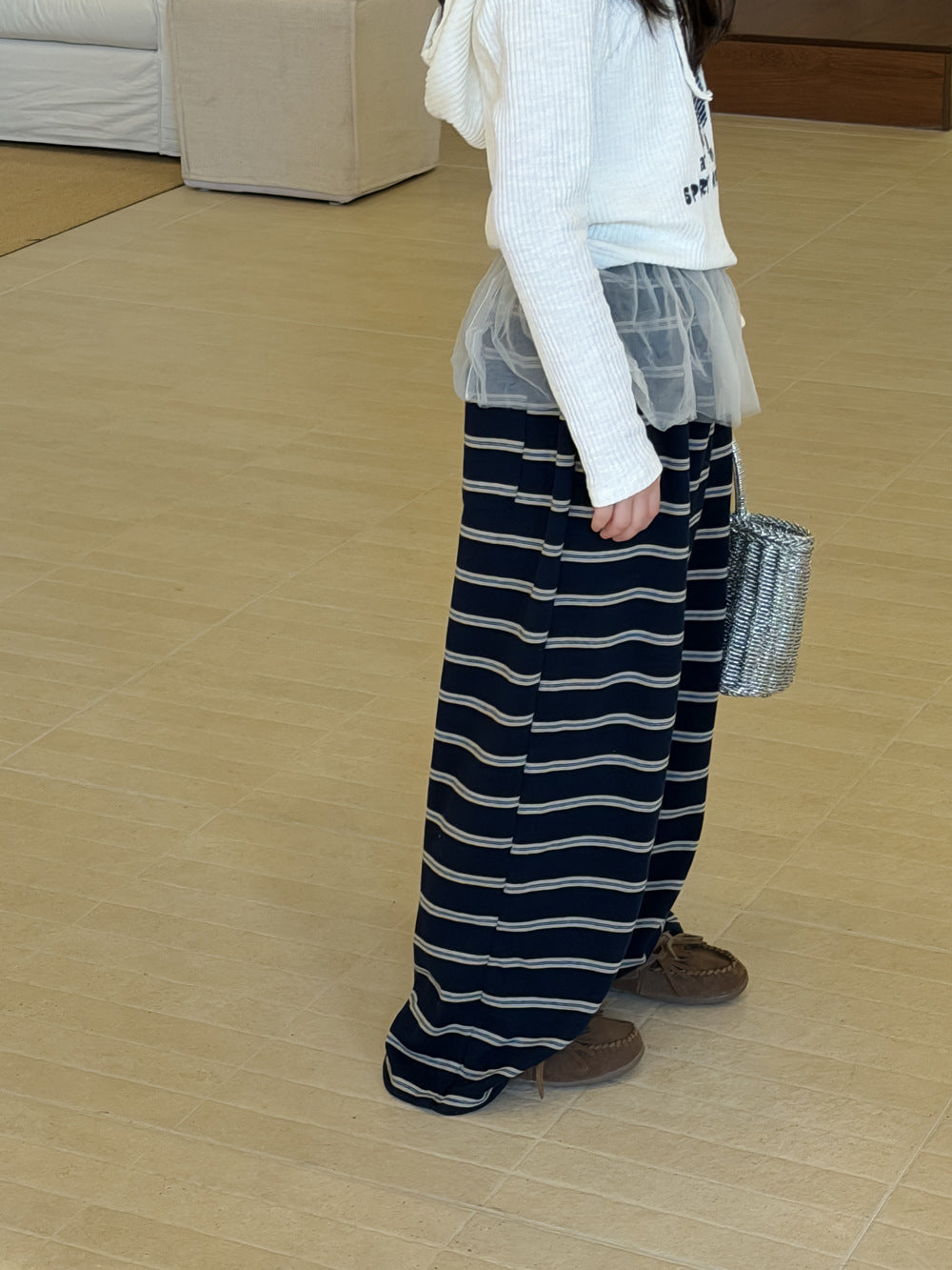 【100-160cm】輕薄寬鬆條紋闊腿褲