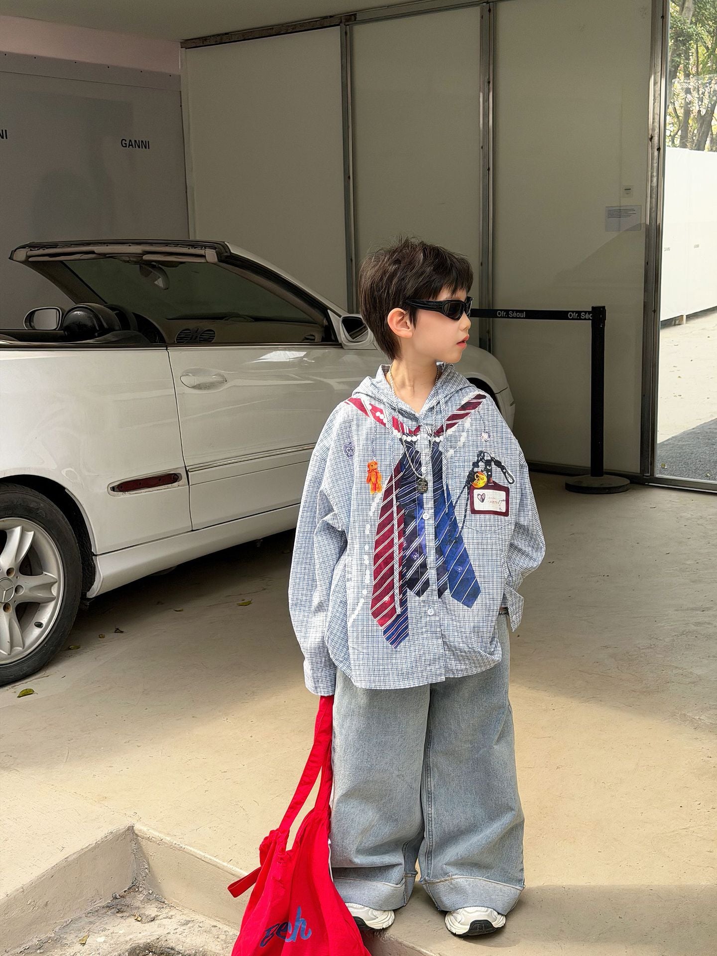 【90-160cm】韓版寬鬆休閒印花連帽襯衫