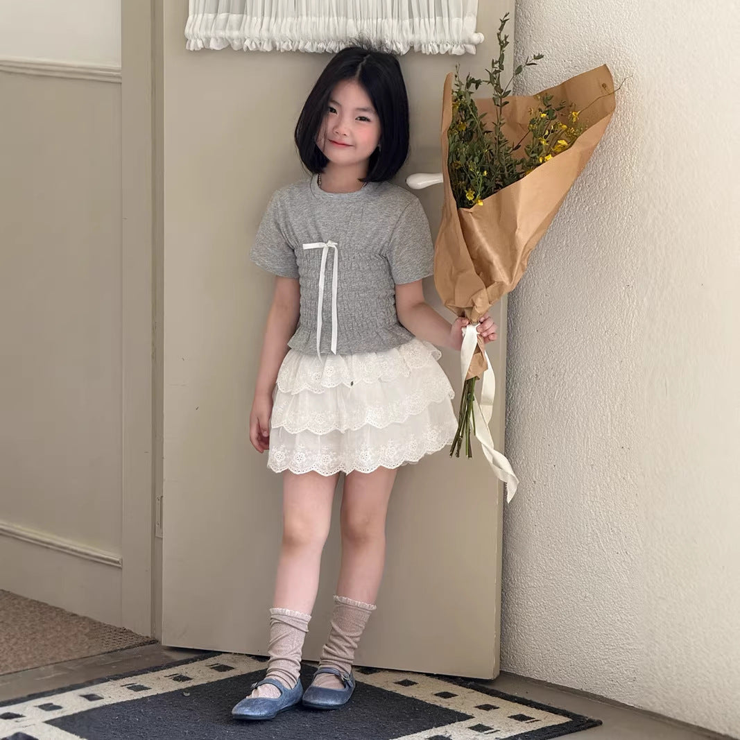 【120-160cm】韓版蝴蝶結彈性緊身短袖