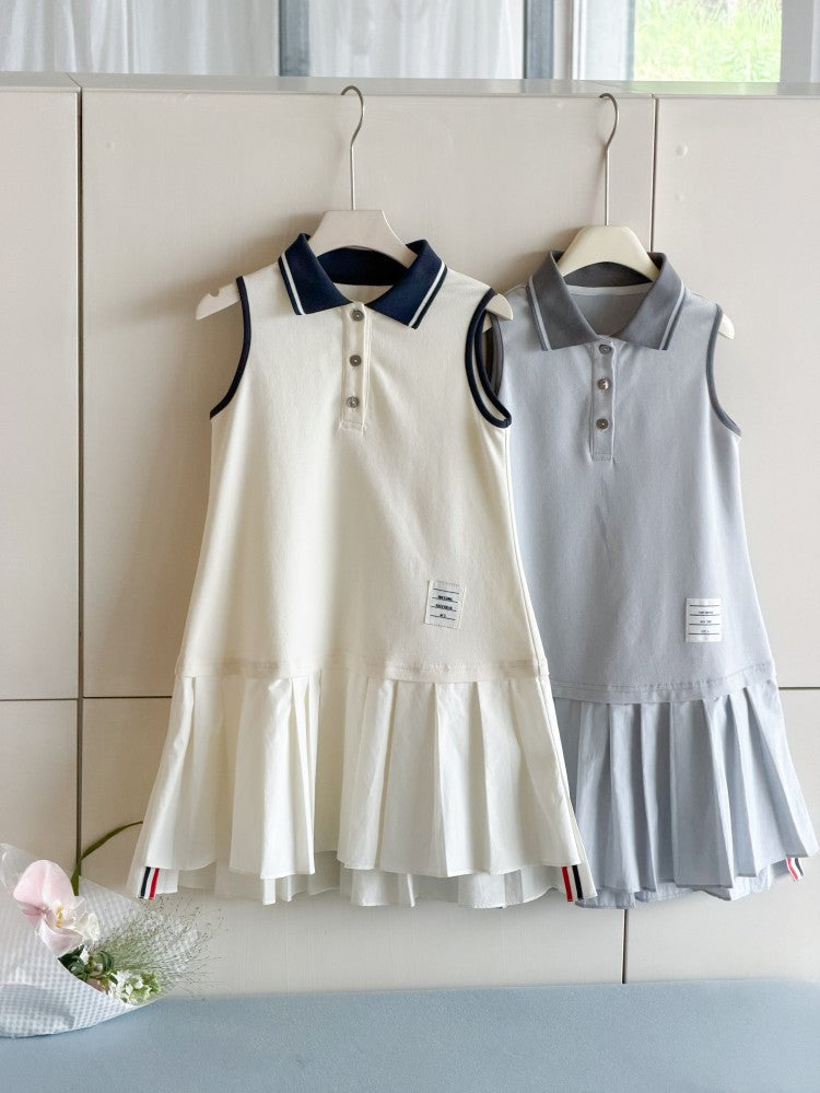 【100-170cm】學院風翻領POLO百褶連身裙