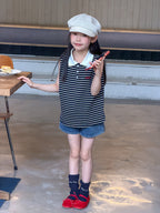 【100-170cm】學院風撞色POLO翻領字母條紋背心