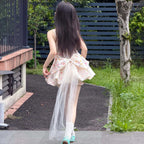 【90-160cm】碎花蝴蝶結網紗拖尾公主裙