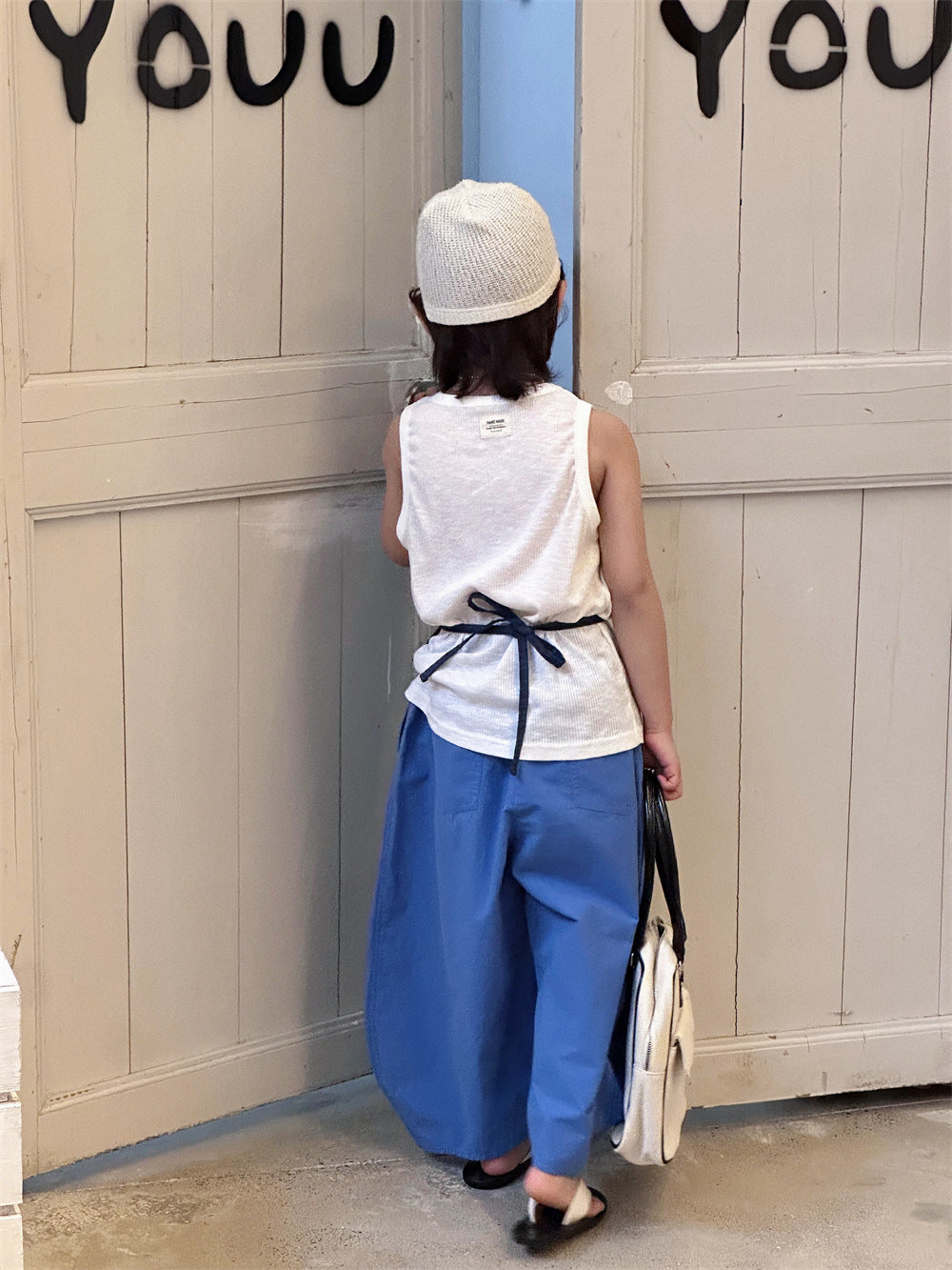【100-160cm】寬鬆休閒彎刀褲