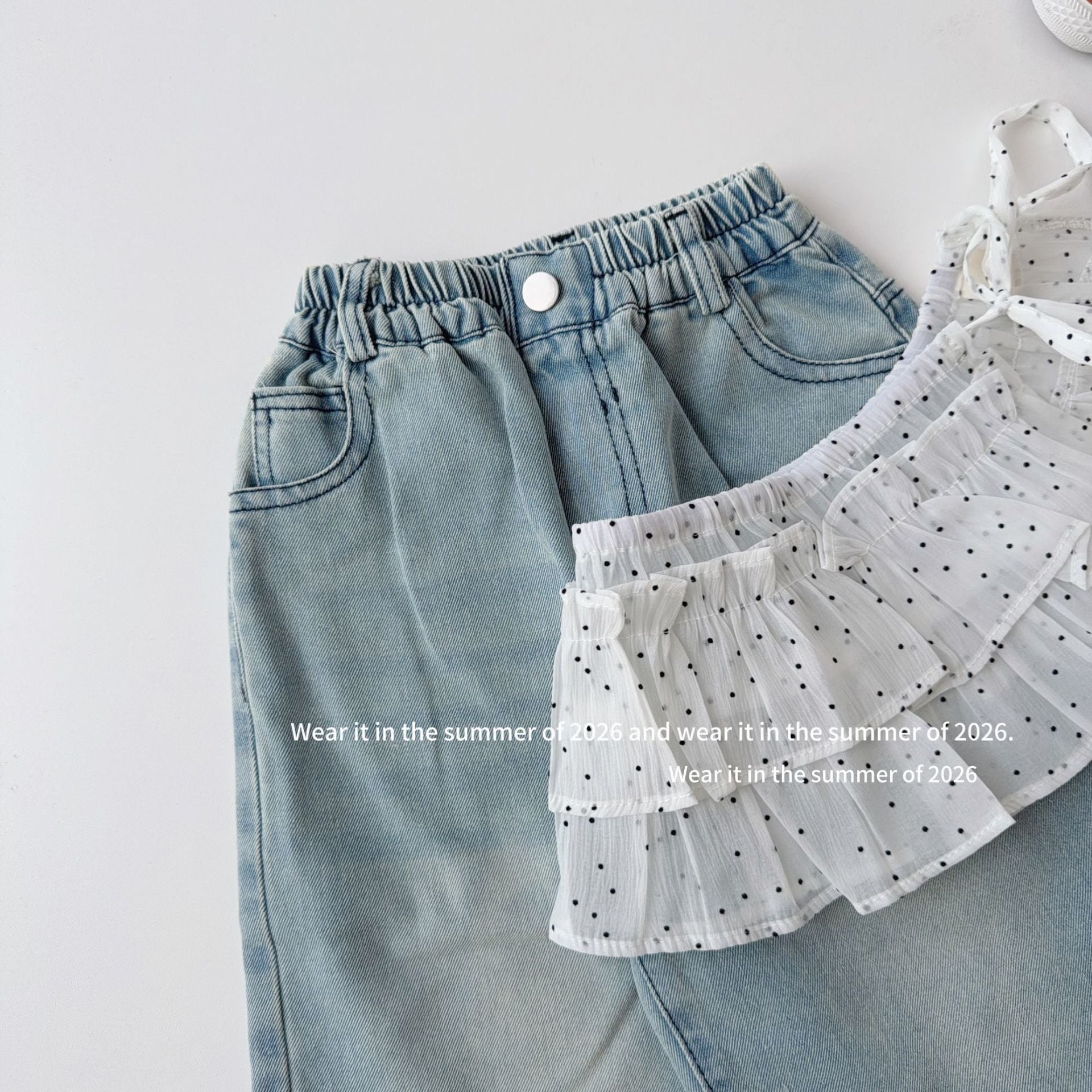 【90-150cm】韓版休閒牛仔褲(附波點屁簾)