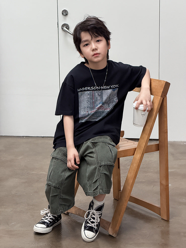 【100-170cm】全棉復古時髦T假日風涼爽上衣