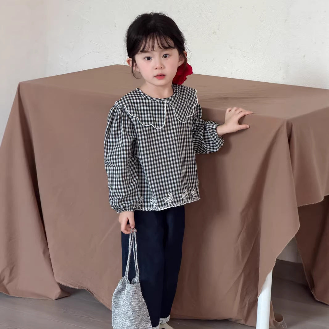 【90-140cm】重工刺繡格子襯衫