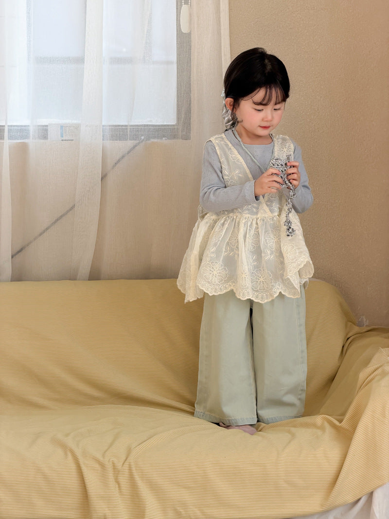 【90-140cm】韓版蕾絲網紗背心針織打底衫背心裙罩衫