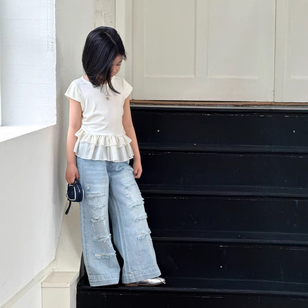 【120-160cm】破洞鑽牛仔直筒褲