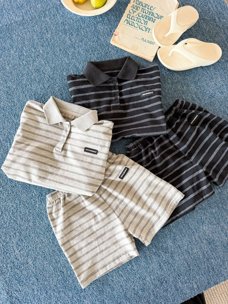 【100-170cm】2色-學院風條紋POLO短袖套裝