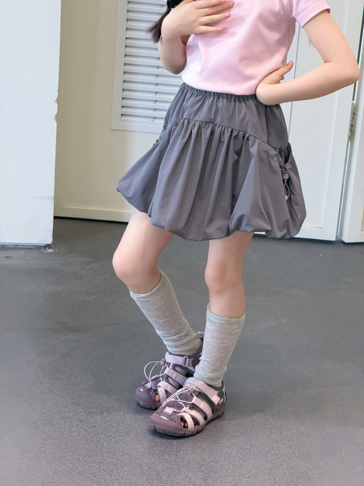 【100-170cm】甜美可愛雙側抽繩褶皺花苞短裙