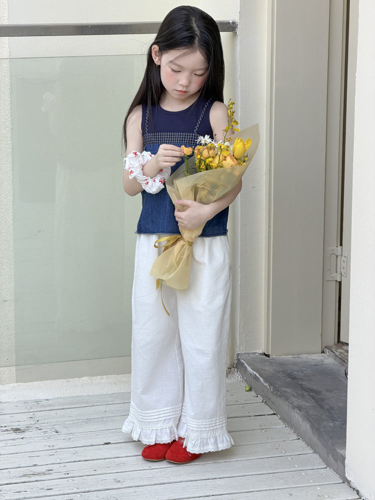 【100-170cm】復古格子拼接牛仔吊帶 | 內搭小背心