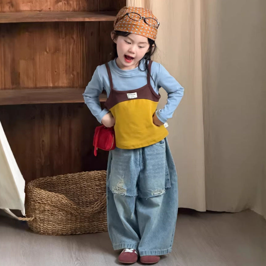 【90-140cm】時髦做舊直筒破洞牛仔褲