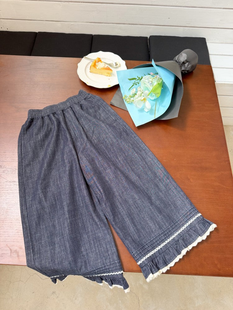 【100-170cm】韓系蕾絲花邊闊腿牛仔褲