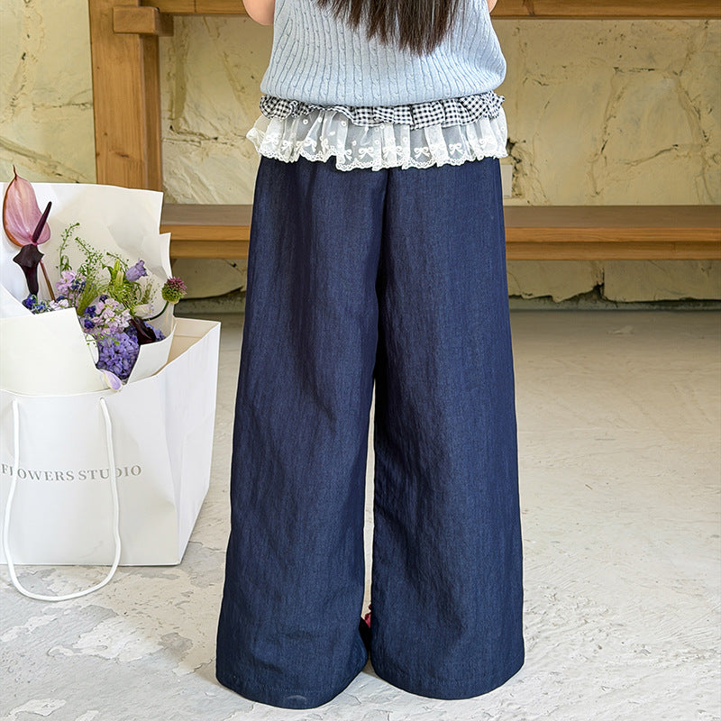 【100-170cm】韓系甜美雙層蕾絲花邊直筒褲