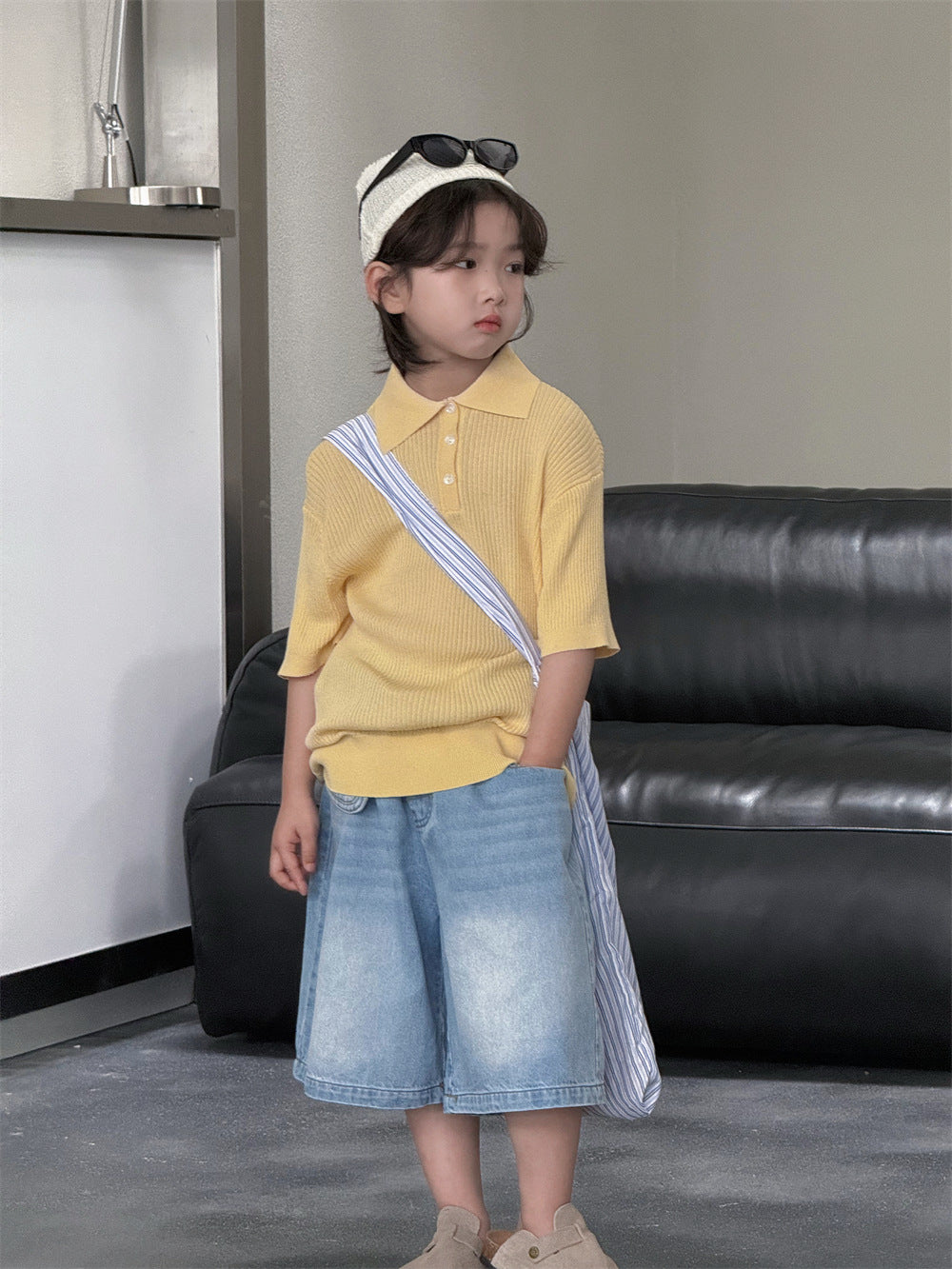 【100-160cm】腰包牛仔做舊休閒八分褲