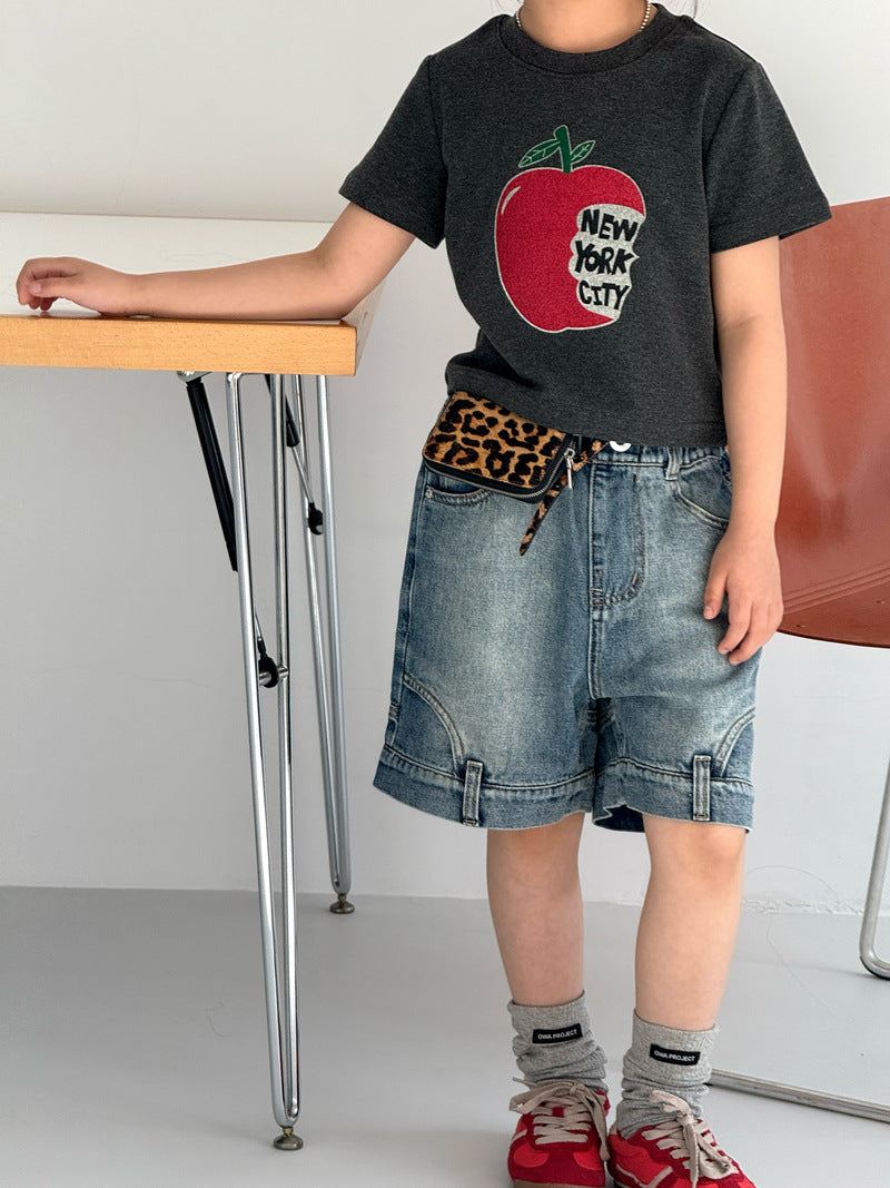 【120-160cm】復古色不規則牛仔中褲