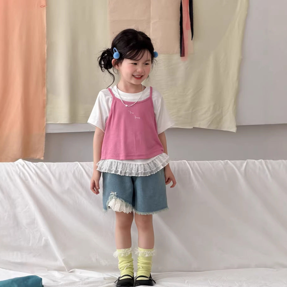 【90-140cm】韓版蕾絲短袖背心兩件套