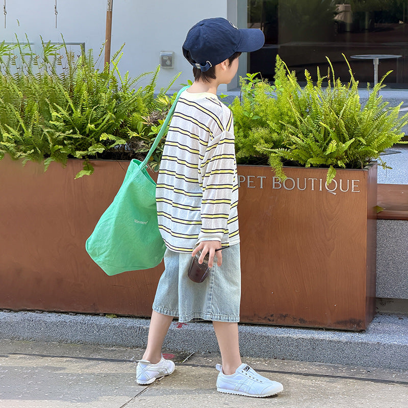 【100-170cm】撞色條紋字母防曬上衣