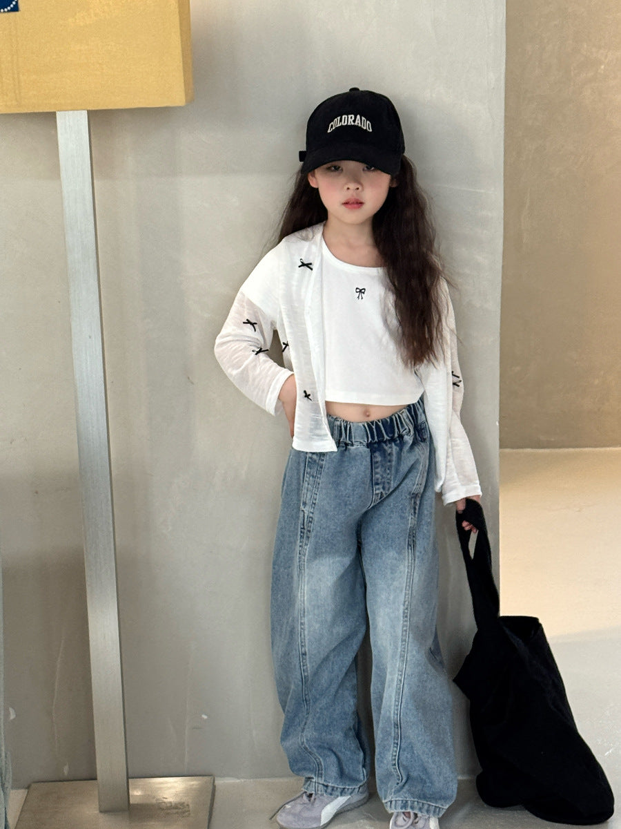 【90-150cm】拼槓牛仔褲寬鬆彎刀褲闊腿