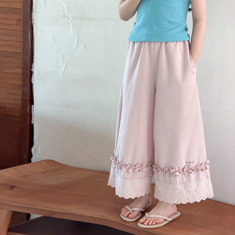 【100-170cm】甜美花邊冰感闊腿褲