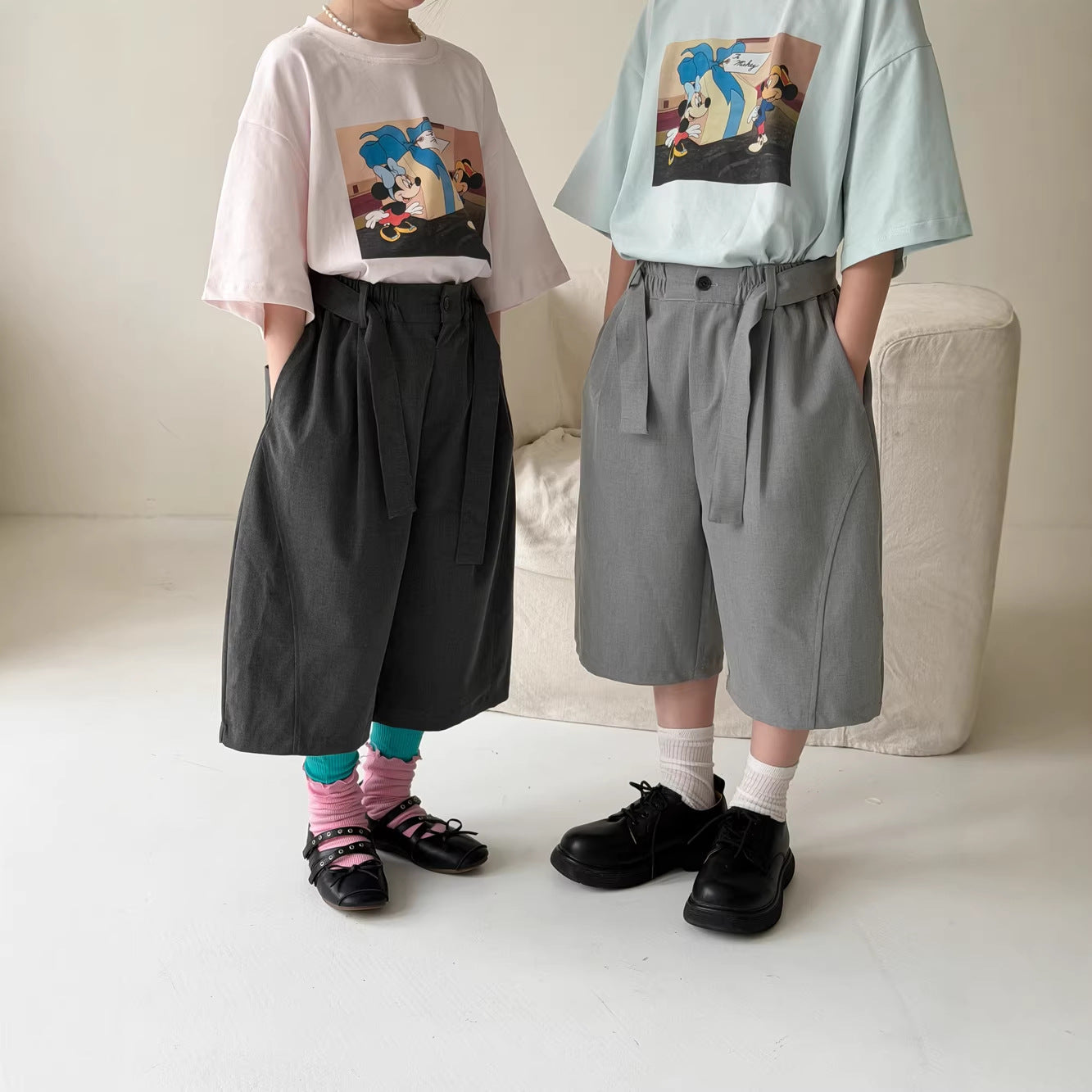 【100-160cm】韓版純色繫帶休閒西裝褲