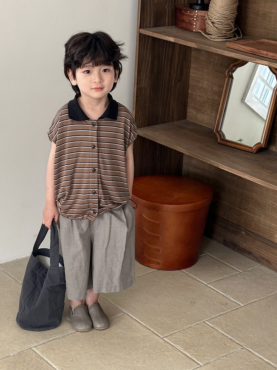 【80-140cm】森系復古條紋polo短袖