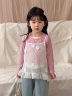 【90-140cm】蕾絲花朵鏤空網吊帶上衣 | 拼色假兩件彈力打底衫