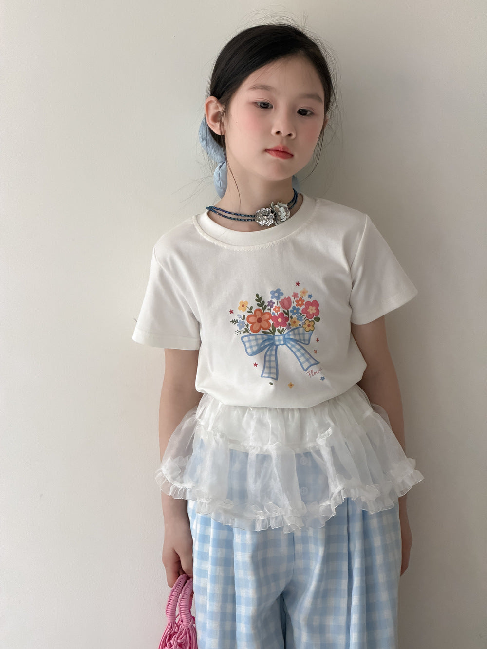 【100-160cm】韓版蝴蝶結花朵短袖