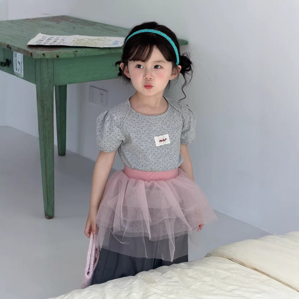 【90-140cm】韓版露背波點蕾絲貼標短袖